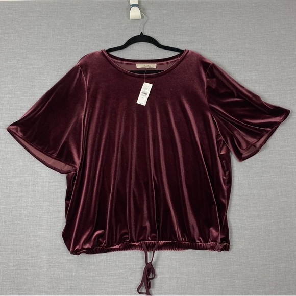NEW Loft Velour Top Plum Short Sleeve Drawstring Waist Sz XL - Picture 1 of 9